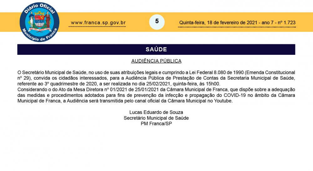 Saúde fará audiência de prestação de contas