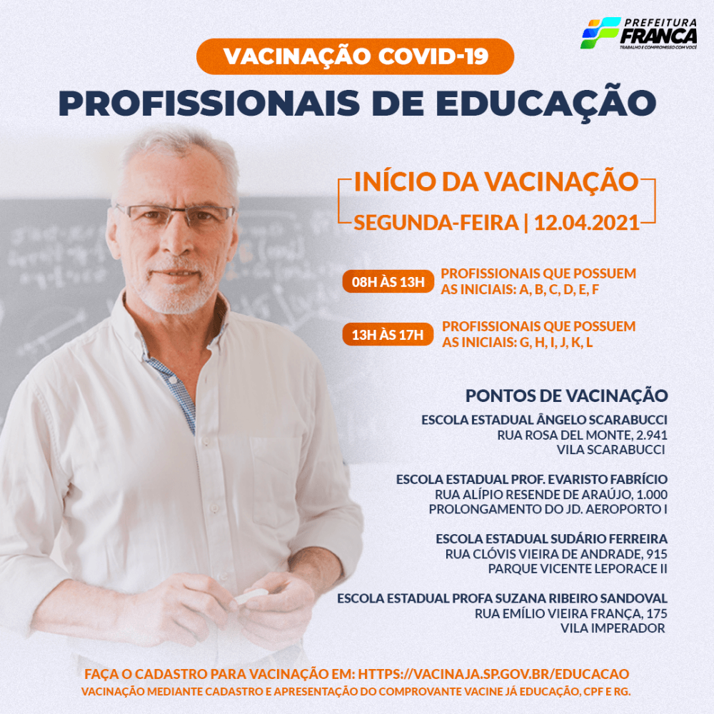 Profissionais da Educação começam a ser vacinados nesta segunda-feira