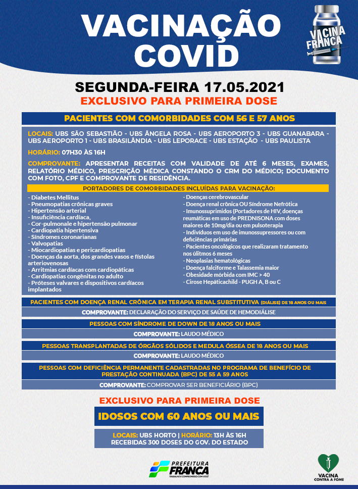 Pacientes com comorbidades com 56 e 57 anos recebem primeira dose da vacina na próxima segunda-feira