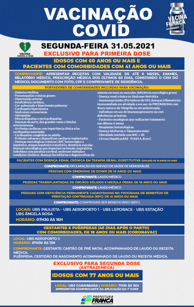 Saúde disponibiliza primeira dose para pessoas com 41 anos ou mais com comorbidades, gestantes, puérperas e idosos com 60 anos ou mais