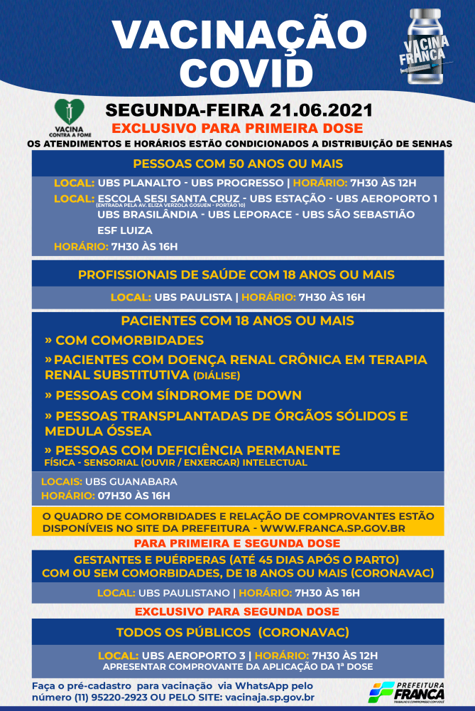 Programação da Vacina para Segunda-feira, 21/06