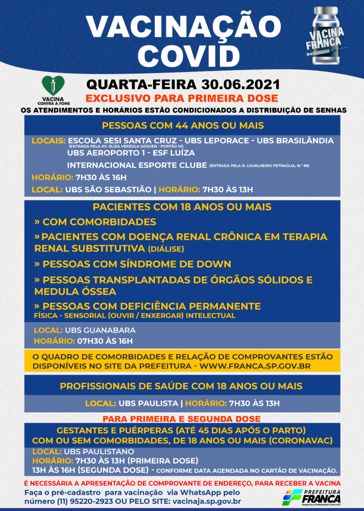 Pessoas com 44 anos ou mais continuam recebendo vacina contra a Covid