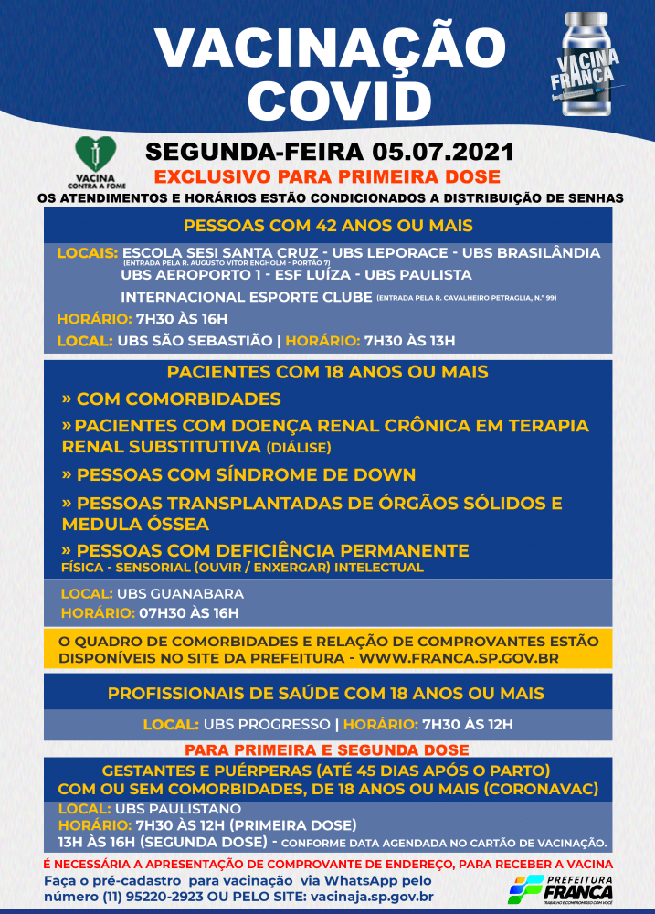 Saúde inicia vacinação para pessoas com 42 anos ou mais na segunda-feira