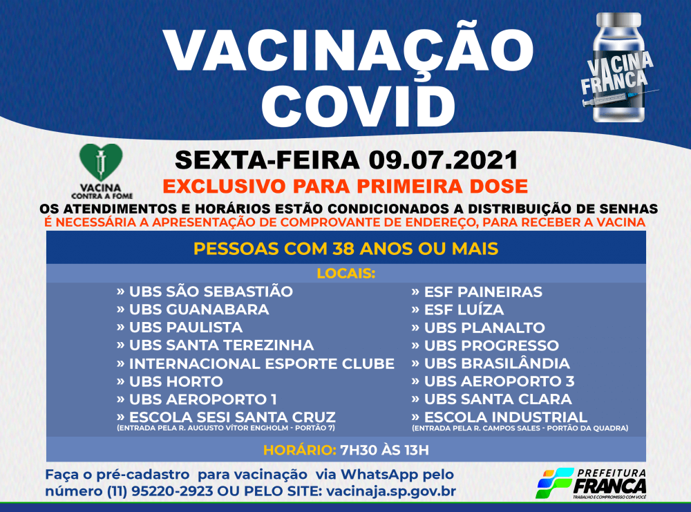Mutirão terá 16 postos de vacinação contra Covid para pessoas com 38 anos ou mais