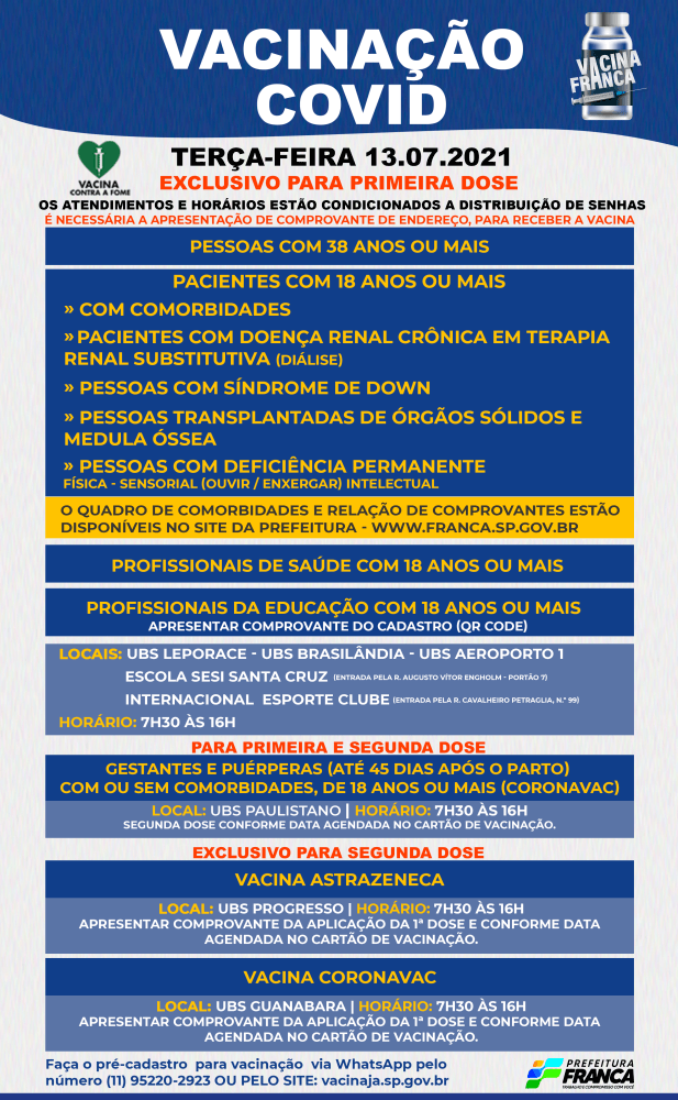 Saúde prossegue vacinando pessoas com 38 anos ou mais nesta terça-feira