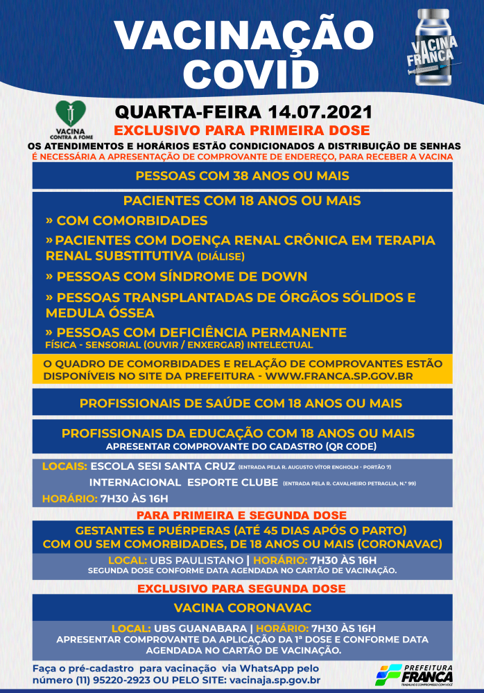 Pessoas com 38 anos ou mais continuam sendo vacinadas