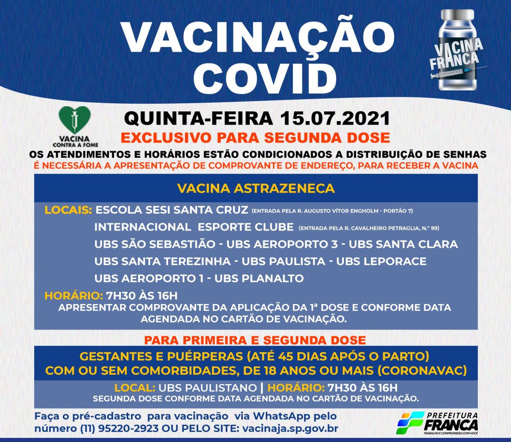 Saúde imuniza pessoas com a segunda dose nesta quinta-feira